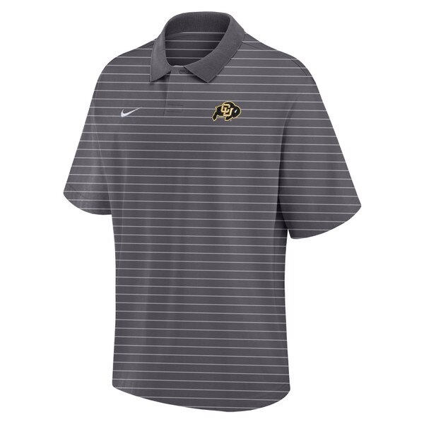 A dark gray striped collared polo with a c-u buffalo patch on the left chest and a nike swoosh on the right.